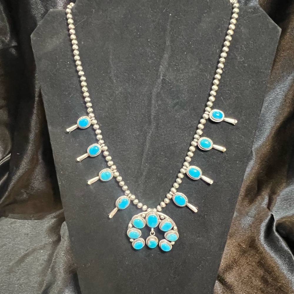 Sterling Silver and Genuine Turquoise Squash Blossom Necklace by S.H.